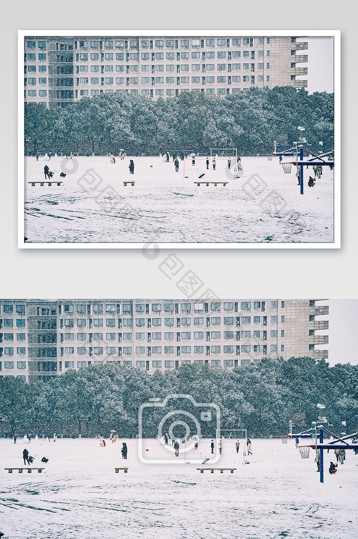 冬天下雪雪景学校跑道鹅毛大雪摄影图