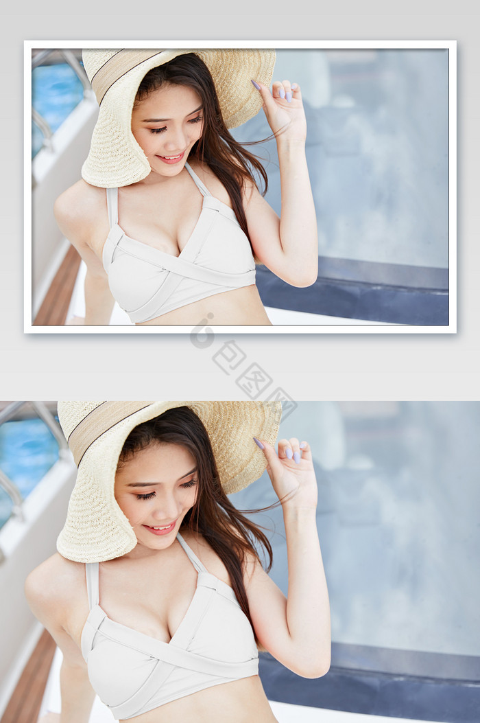夏天海滨游艇戴着遮阳帽性感比基尼泳装图片