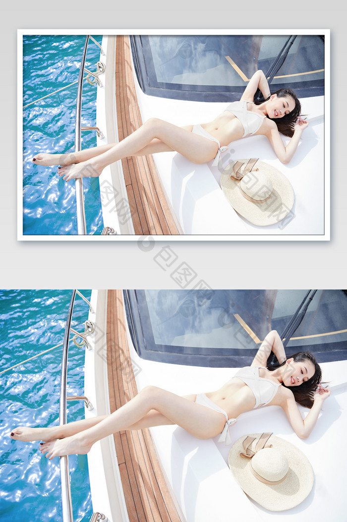 游艇俯拍放松平躺性感比基尼美女泳装图片图片