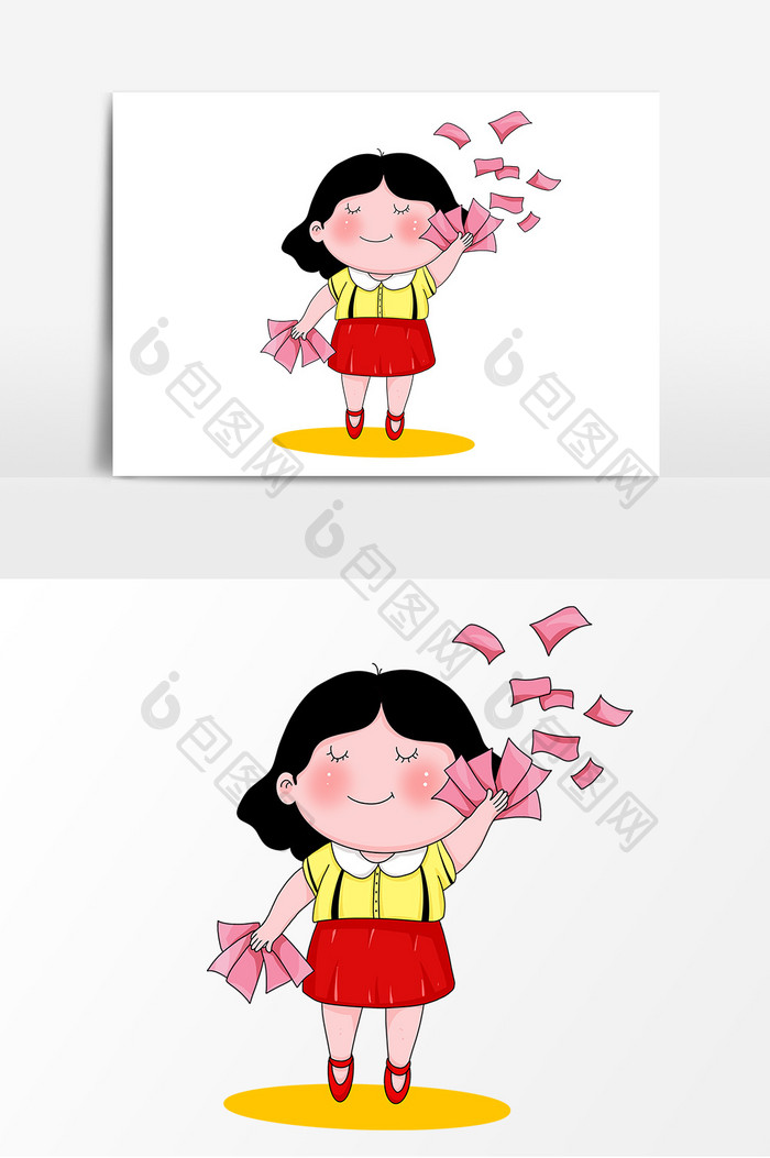 手绘撒钱的小女孩卡通形象