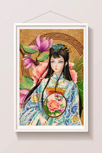 中国风古风牡丹汉服团扇复古水墨国画花朵图片