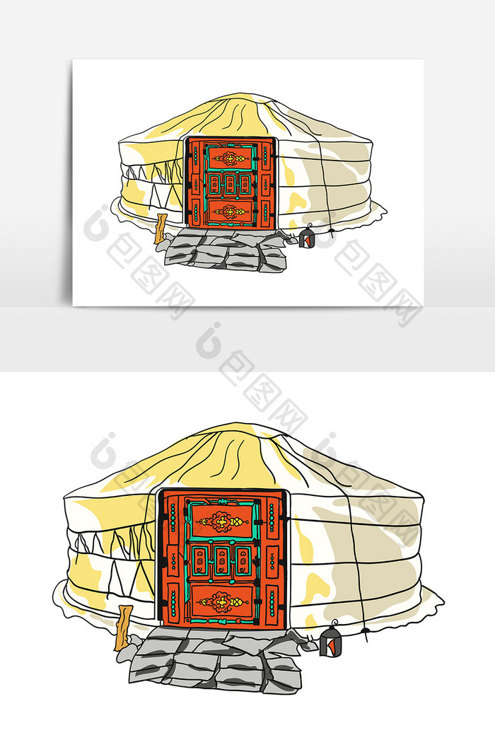 淡彩颜色蒙古族的蒙古包元素矢量AI