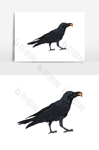 手绘乌鸦吃虫黑色元素矢量AI图片