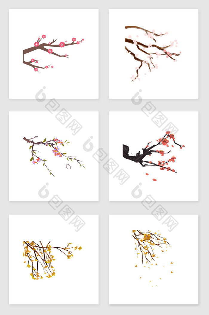 手绘开满鲜花的树枝套图插画元素