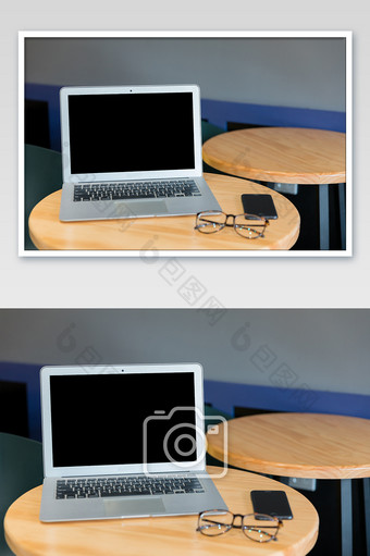 咖啡店商务办公手机电脑眼镜桌面摄影图片