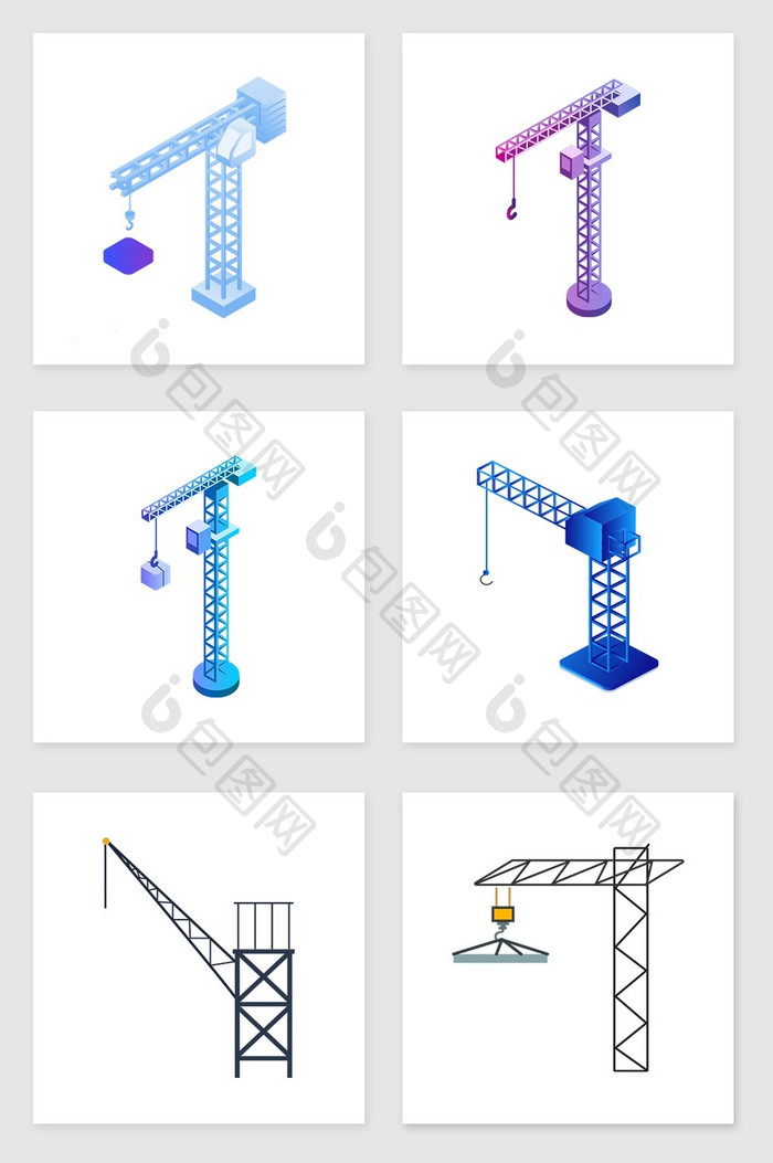 手绘吊车套图插画元素