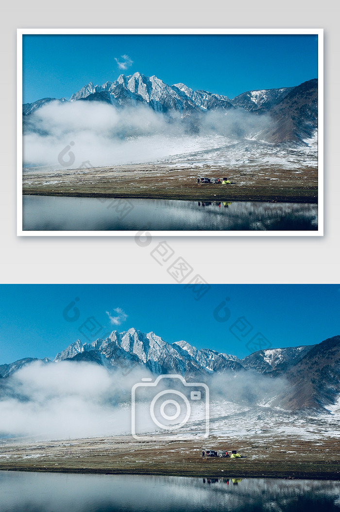 冬季冶勒湖畔雪山云海帐篷自驾游图片图片
