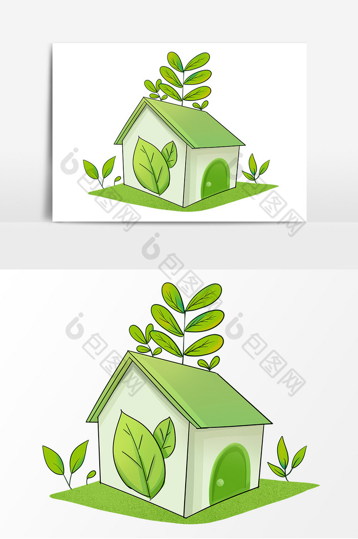 手绘绿色心情房子卡通元素