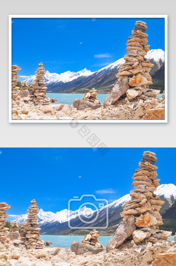 西藏玛尼堆祈福湖边石头图片