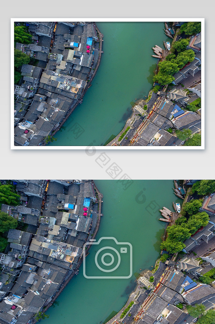 垂直航拍沿河古镇摄影图片