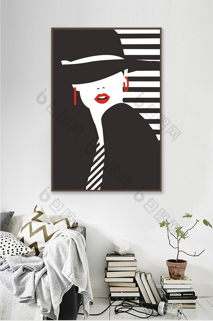 复古抽象黑白礼帽摩登女郎一联客厅装饰画图片图片