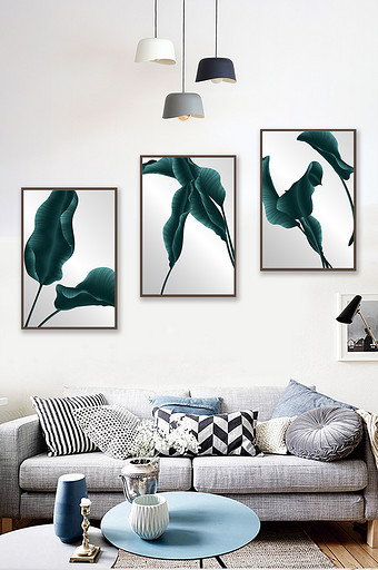 北欧大叶龟背竹植物三联客厅书房装饰画图片