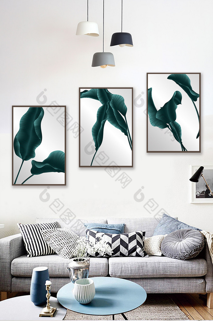 北欧大叶龟背竹植物三联客厅书房装饰画图片图片