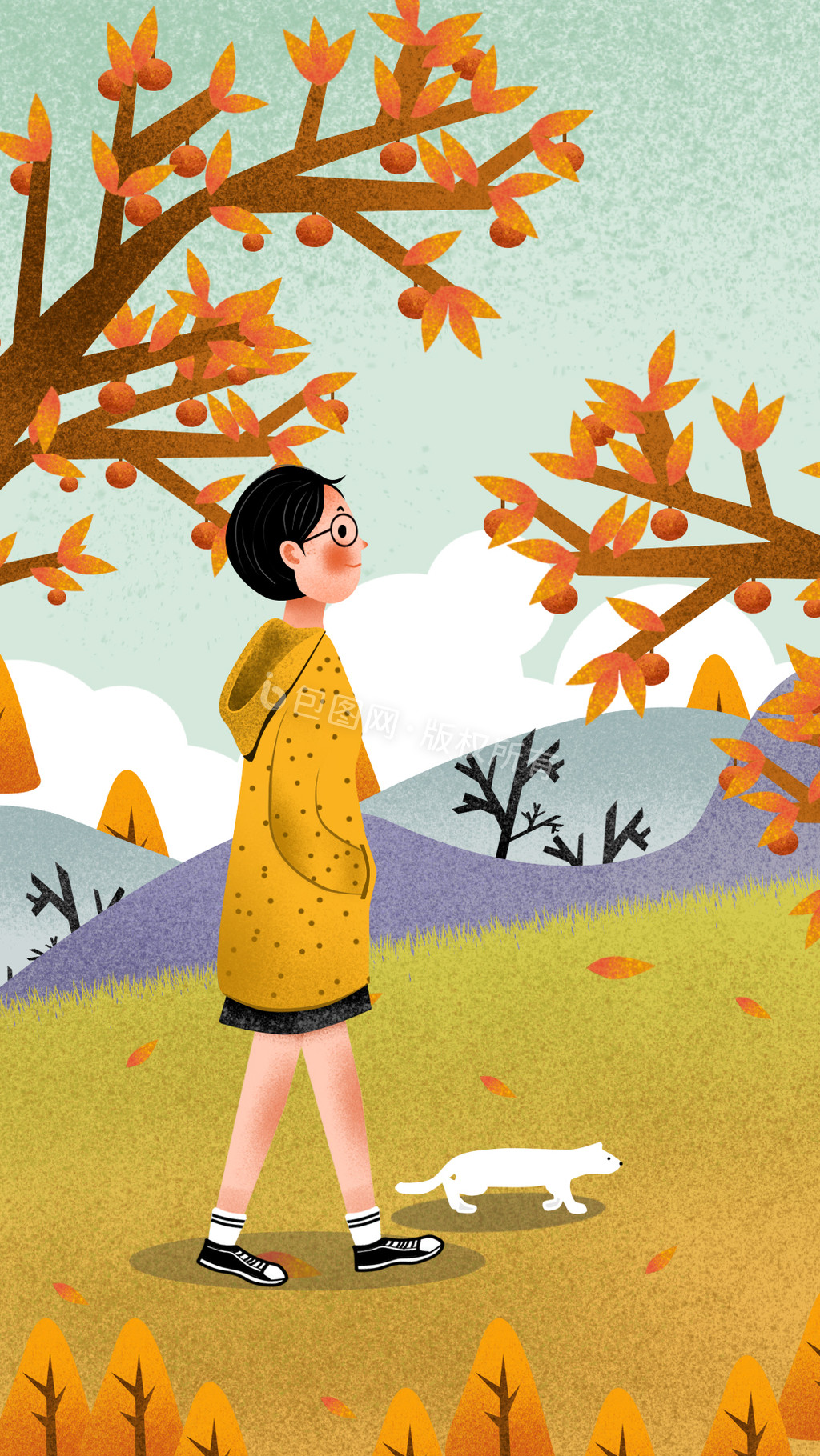 原创唯美清新秋分女孩猫咪散步动态插画