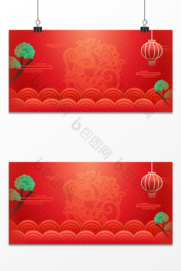 鼠年剪纸中国风红色简约背景