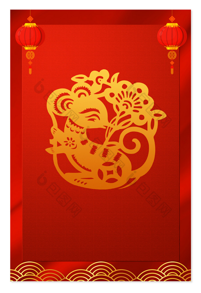 红色中国风新年鼠年灯笼祥云广告海报背景图