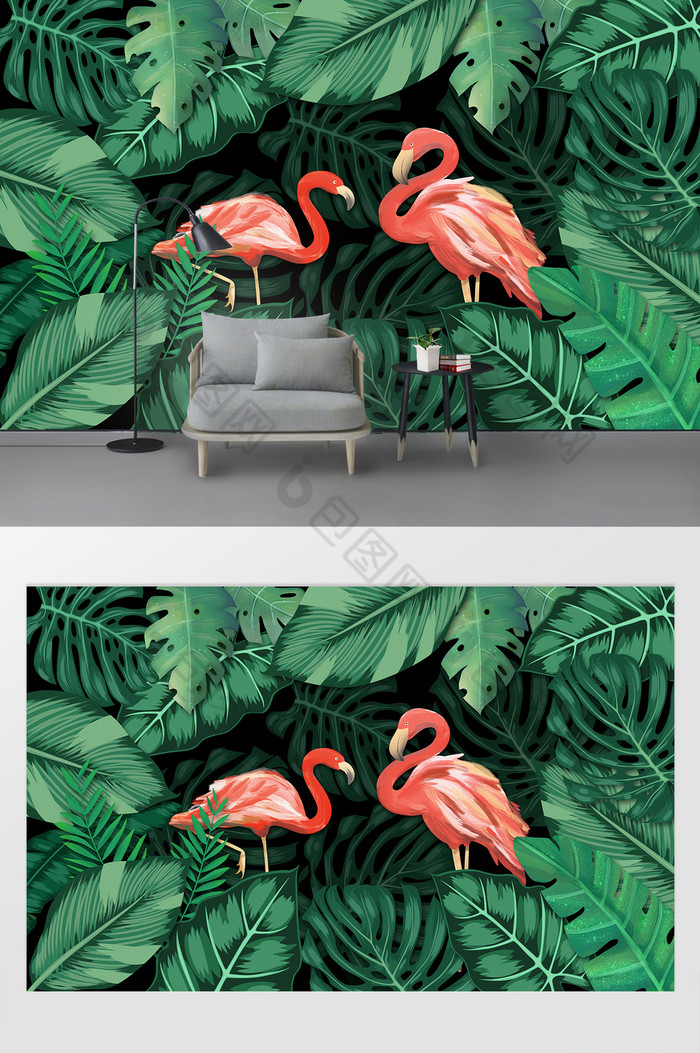 现代简约热带植物龟背叶火烈鸟卧室背景墙图片图片