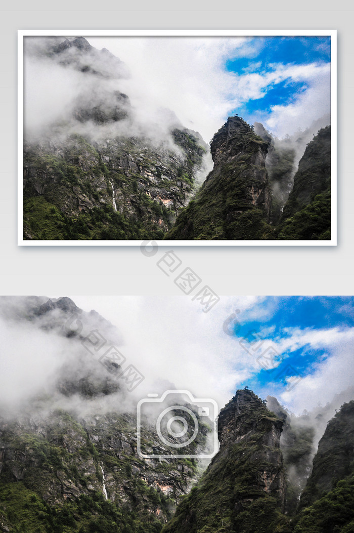 山峰云雾缭绕摄影图