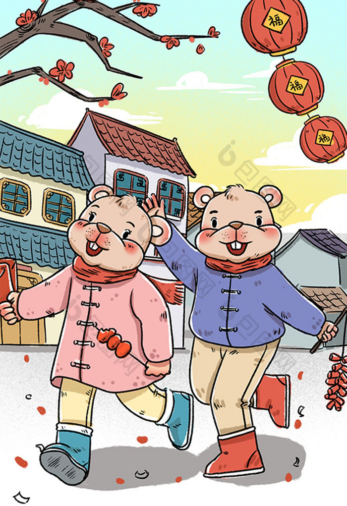 红色喜庆清新鼠年春节老鼠鞭炮对联红包春节新年插画
