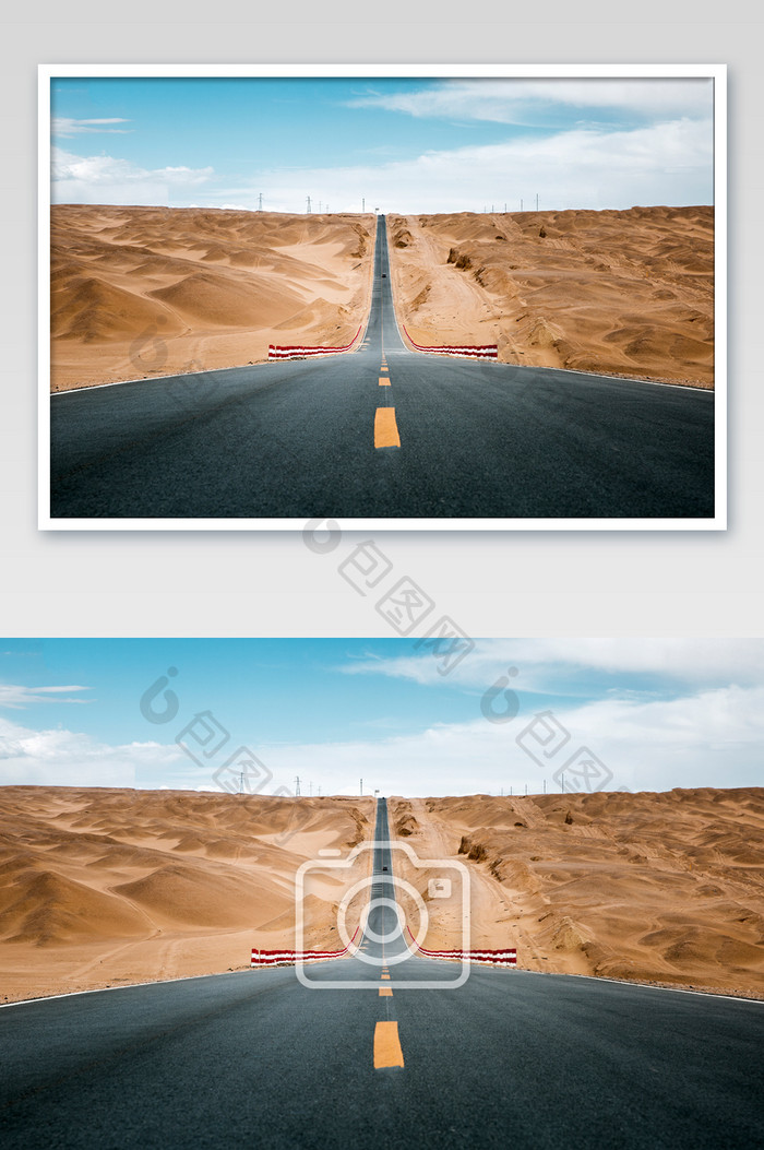 蓝天戈壁沙漠公路壮观旅行自驾