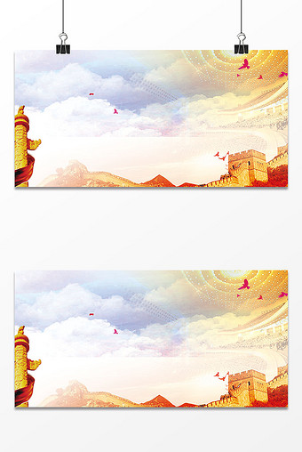 红色绸缎石柱长城海报背景