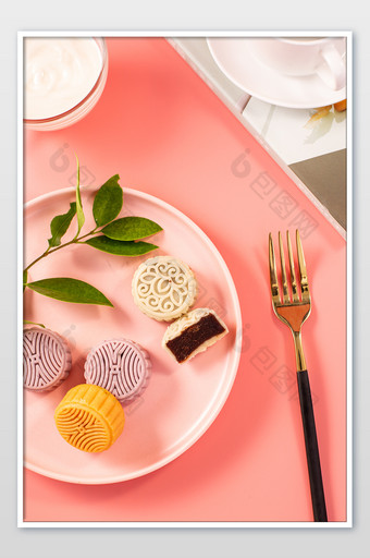 小清新背景美食中秋月饼摄影图图片