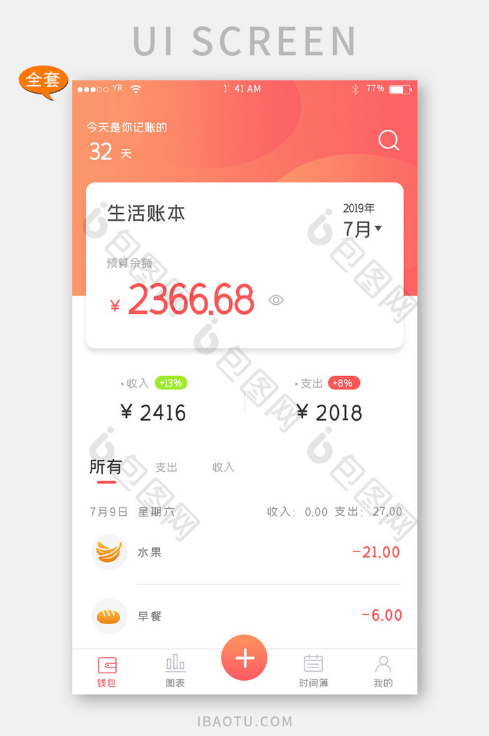 橙色渐变简约风格卡片式记账APP全套界面