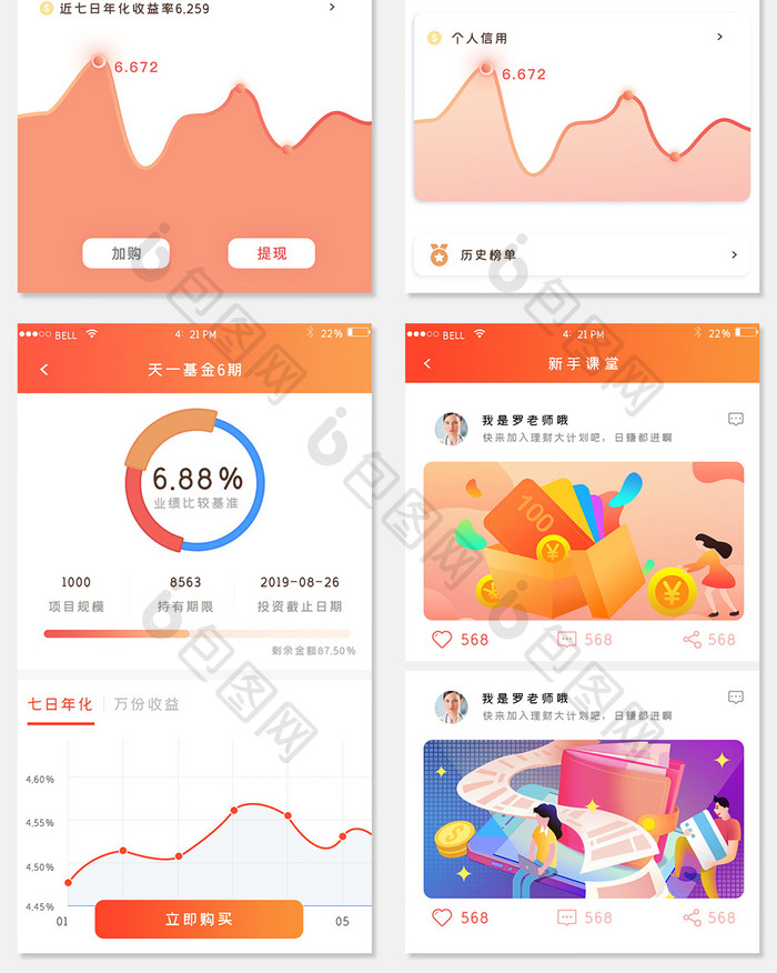 红色简约清新风理财app全套页面