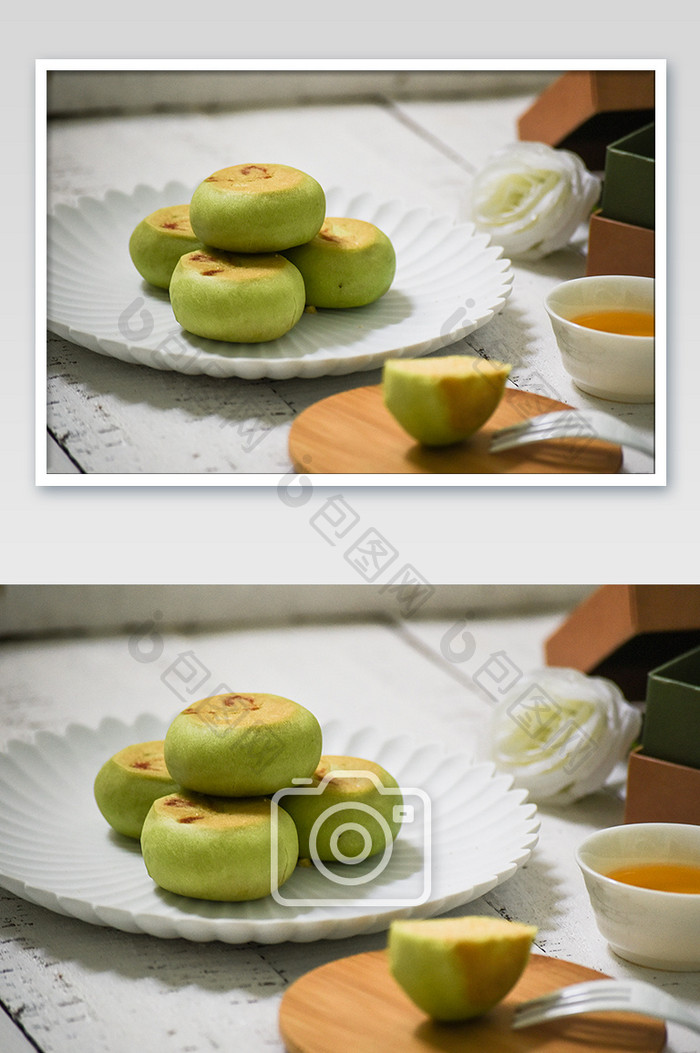 清新下午茶美味抹茶绿豆饼摄影图片