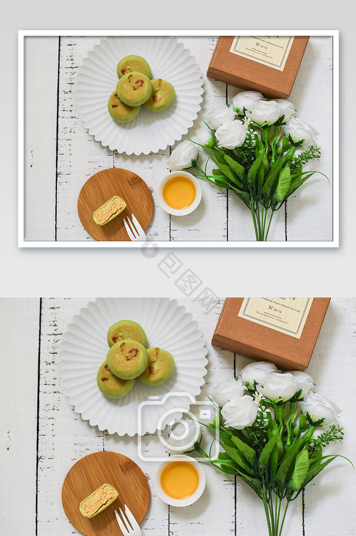 清新下午茶抹茶绿豆饼鲜花摄影图片