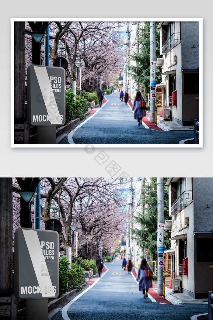日本日系东京樱花街道户外广告牌海报样机