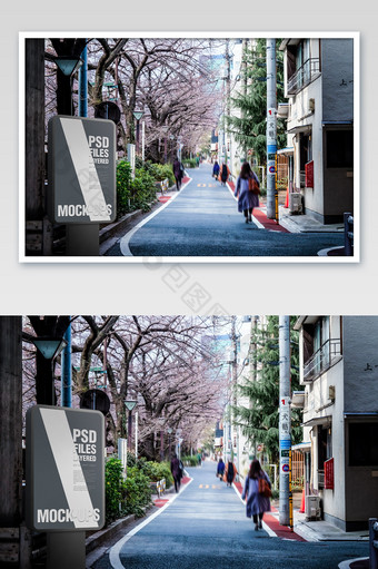 日本日系东京樱花街道户外广告牌海报样机图片