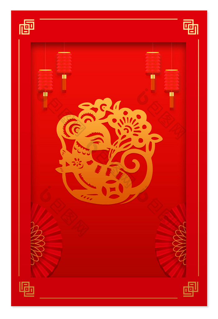 中国红鼠年立体灯笼广告海报背景图