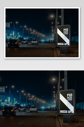 城市夜景车流竖版户外广告牌