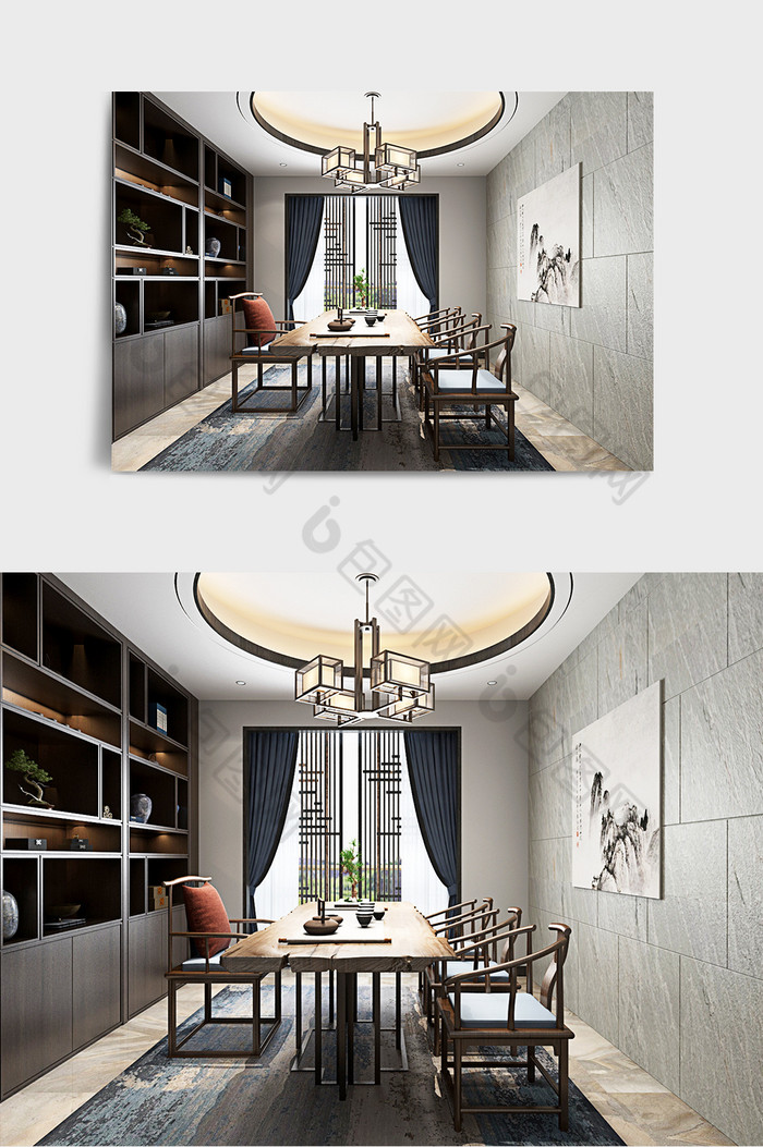 新中式茶室桌椅模型图片图片
