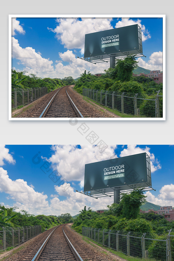 蓝色城市交通铁路户外广告牌海报样机