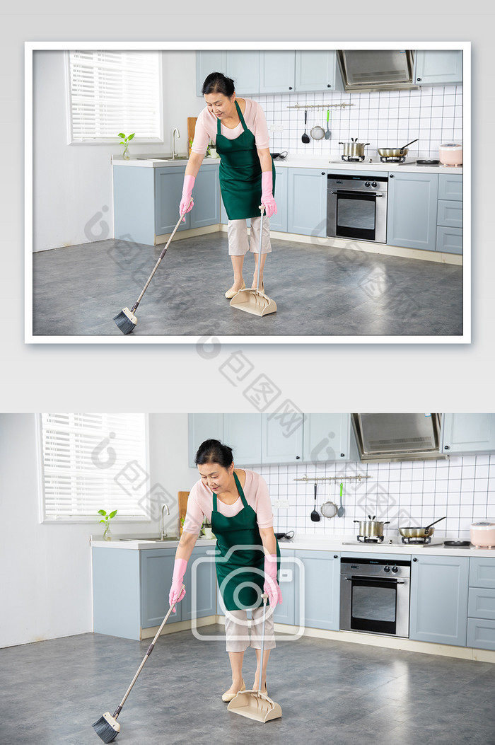 厨房家庭主妇家政在厨房扫地图片图片