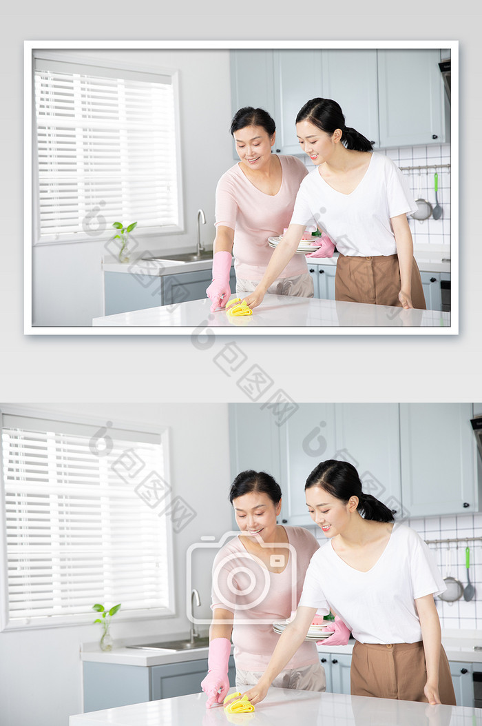 妈妈带着女儿在厨房做卫生图片图片