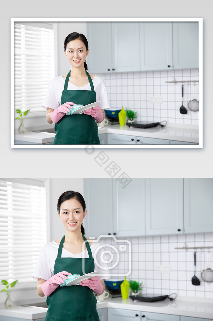 家政服务保洁人员擦拭盘子餐具图片