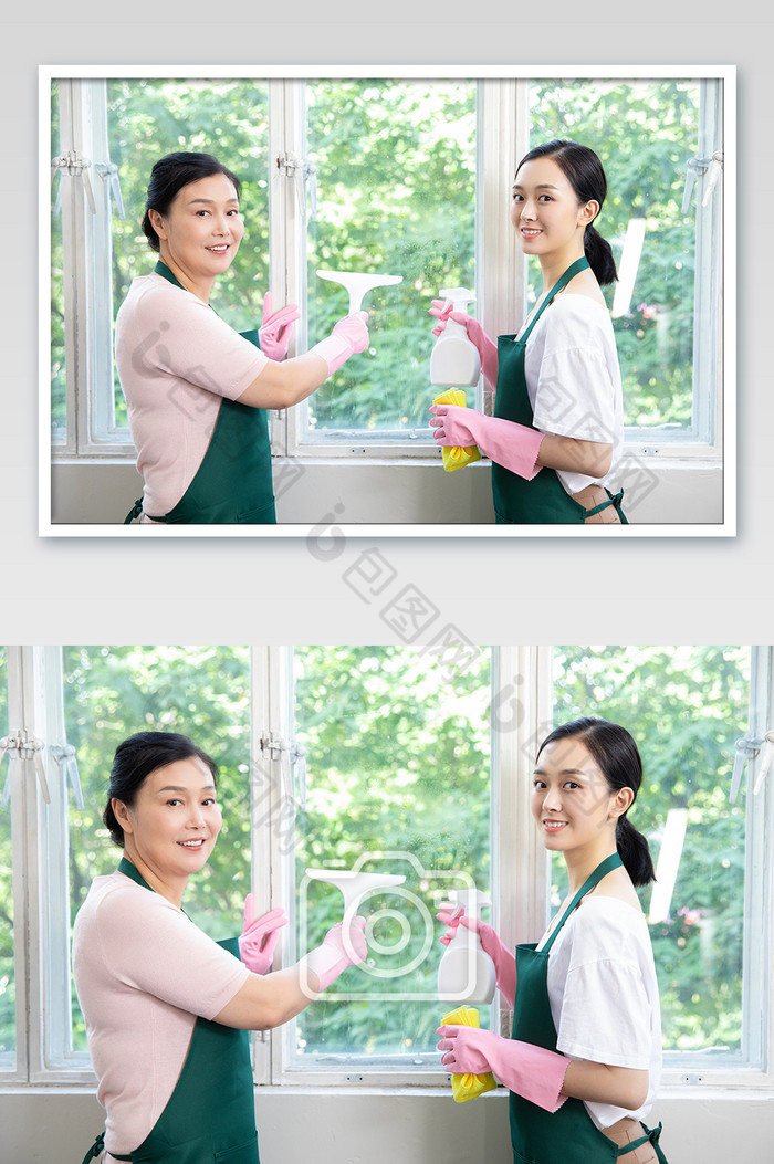 家政服务保洁人员对着玻璃做卫生图片图片