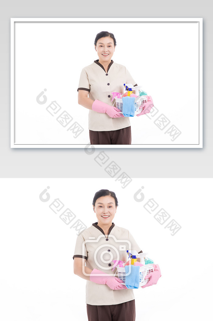 家政服务保洁人员拿着一筐清洁用品图片图片