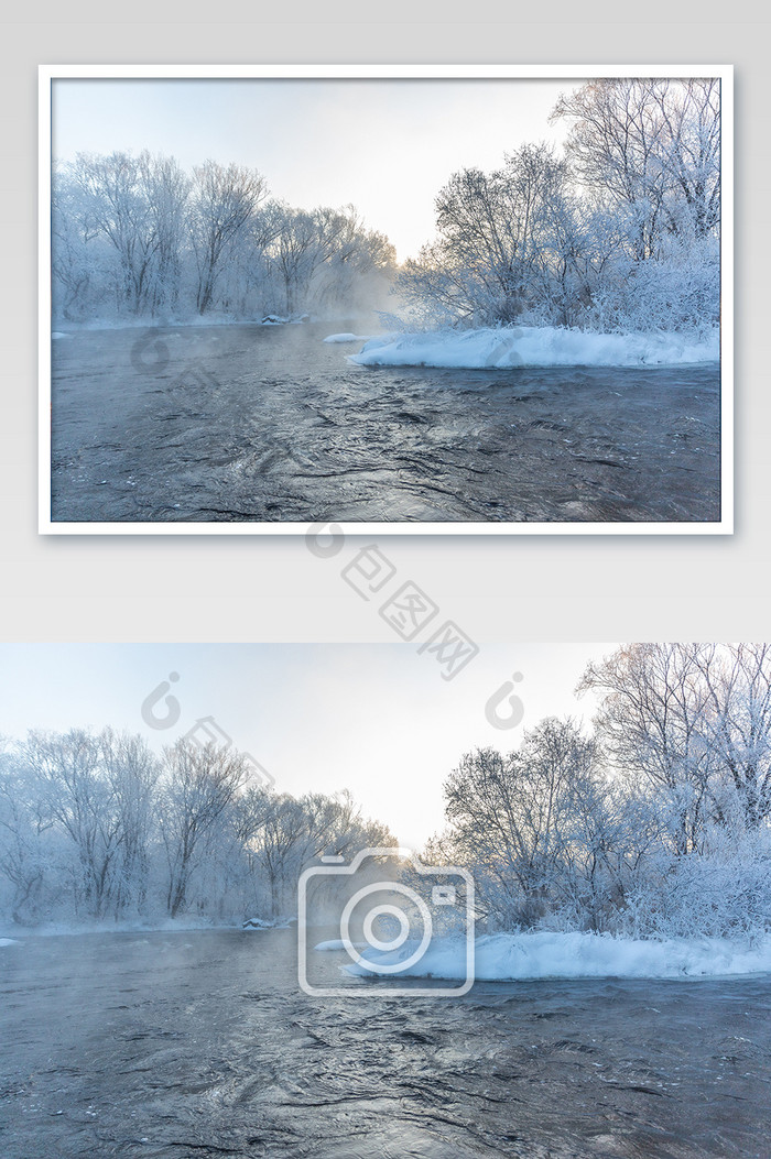 北方冬季温泉河流雪景摄影图片