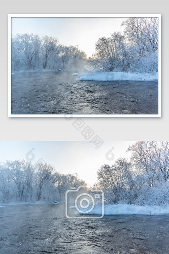 北方冬季温泉河流雪景摄影图片