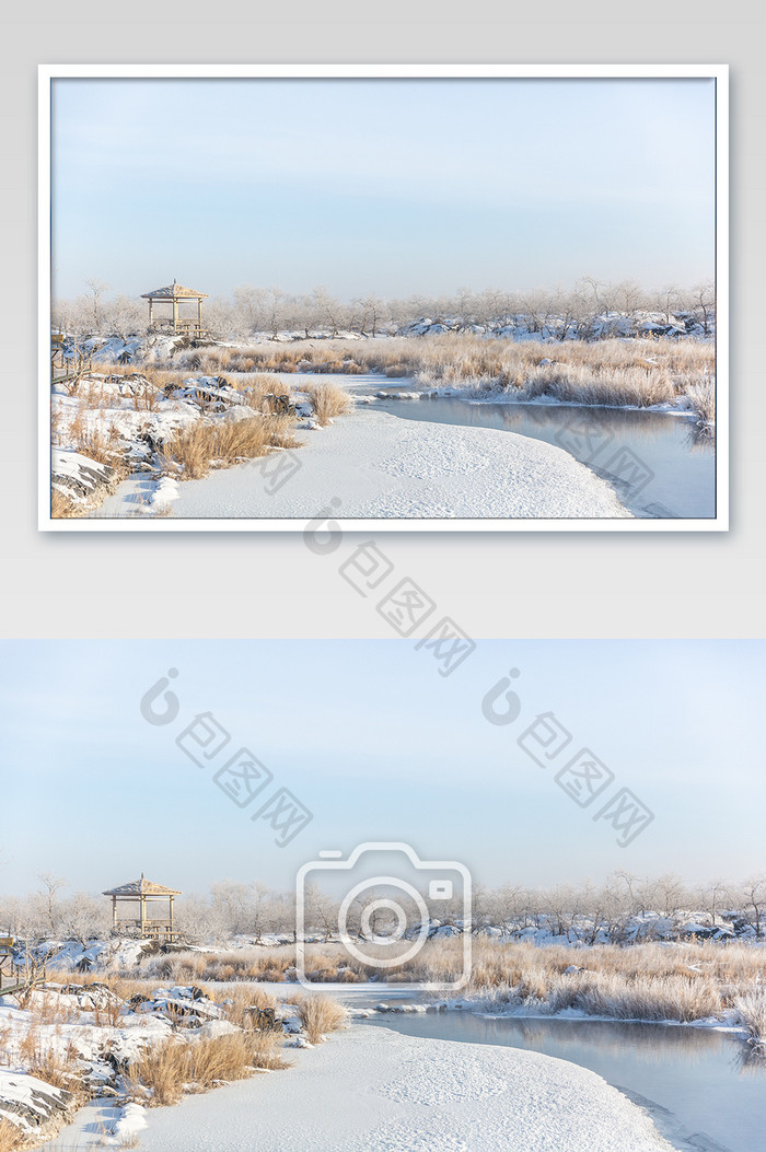 北方黑龙江黑河冬季公园树木河流雪景摄影