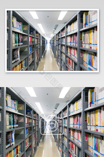 敞亮图书馆书架上排列整齐的书图片