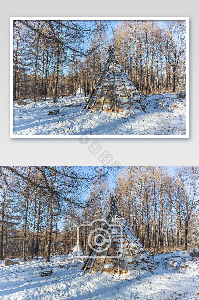 冬季树林木屋积雪摄影图片