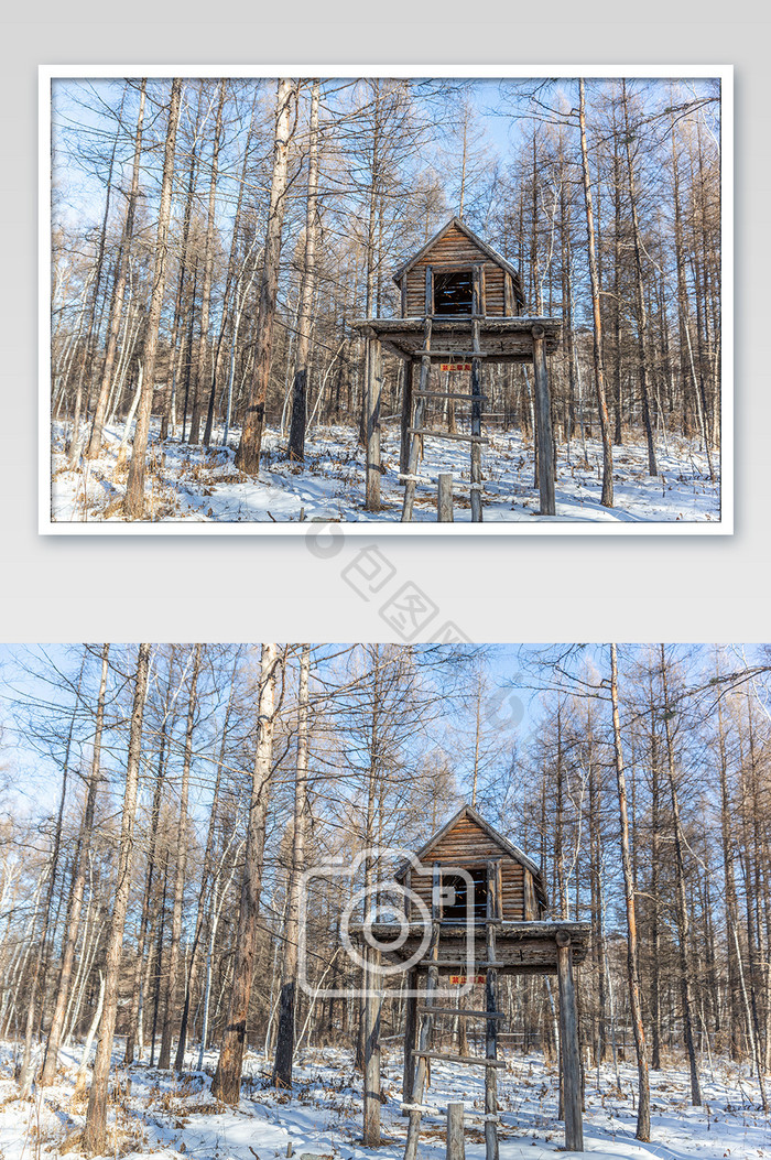冬天木架屋积雪摄影图片