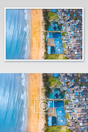 蓝色大海金色沙滩渔村水产航拍
