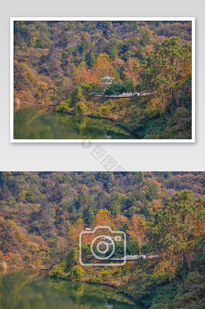 山间湖边凉亭摄影图片