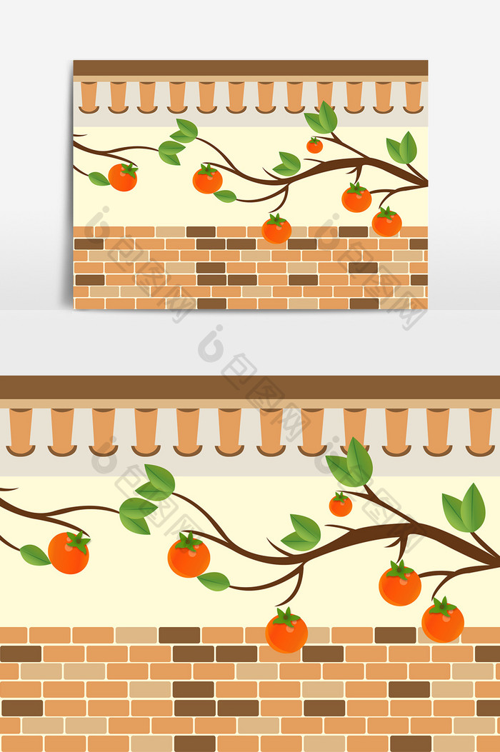 柿子树柿子秋天秋分屋顶墙头矢量水果手绘